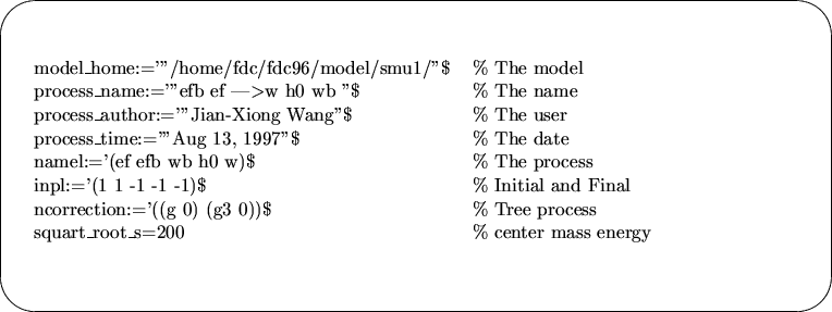 \begin{picture}(490,190)
\put(230,90){\oval(480,180)}
\put(0,90){
\begin{tabular...
...ss\\
squart\_root\_s=200 &\% center mass energy
\end{tabular}
}
\end{picture}