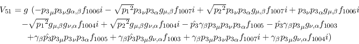 \begin{eqnarray*}
&V_{51}=g~(-{p_3}_\mu {p_3}_\nu g_{\alpha ,\beta }f_{1006}i- ...
...pha f_{1007}i+\gamma_\beta {p_3}_\mu
g_{\nu ,\alpha }f_{1004}i)
\end{eqnarray*}